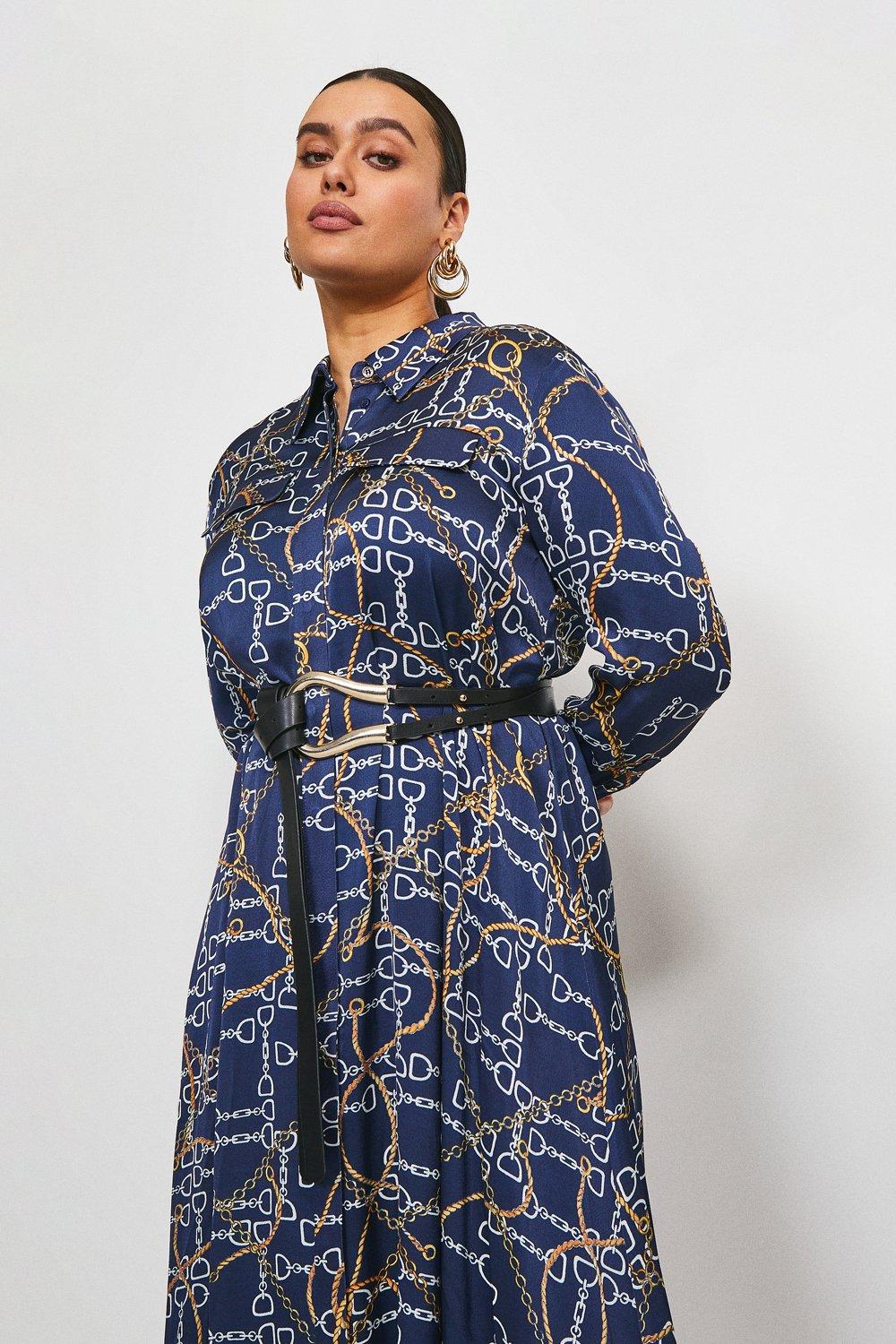 Curve Chain Print Belted Shirt Dress ...
